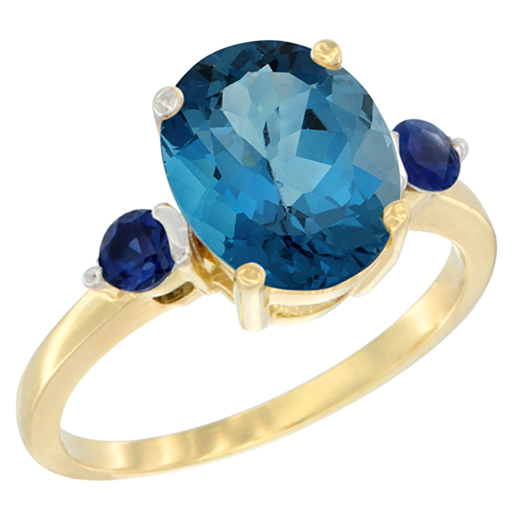14K Yellow Gold 10x8mm Oval Natural London Blue Topaz Ring for Women Blue Sapphire Side-stones sizes 5 - 10