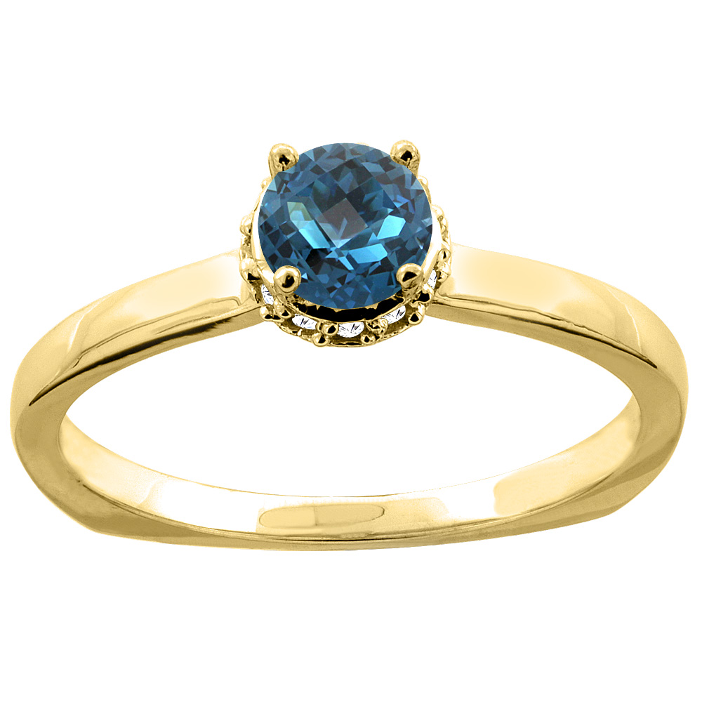 14K Yellow Gold Natural London Blue Topaz Solitaire Engagement Ring Round 4mm Diamond Accents, size 6