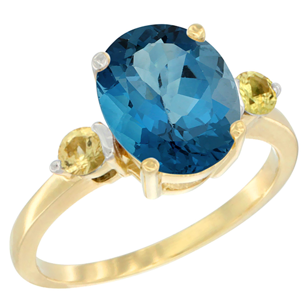 10K Yellow Gold 10x8mm Oval Natural London Blue Topaz Ring for Women Yellow Sapphire Side-stones sizes 5 - 10