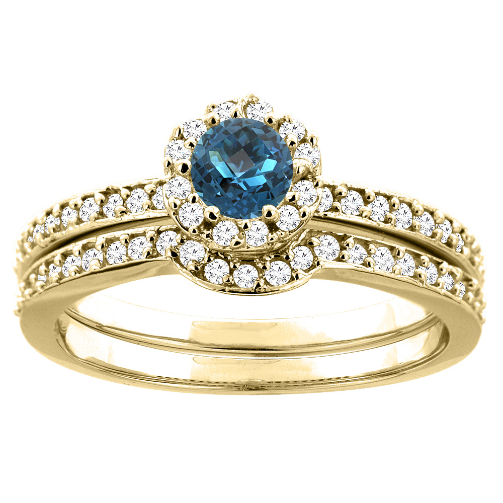 10K Yellow Gold Natural London Blue Topaz 2-pc Bridal Ring Set Diamond Accent Round 4mm, sizes 5 - 10