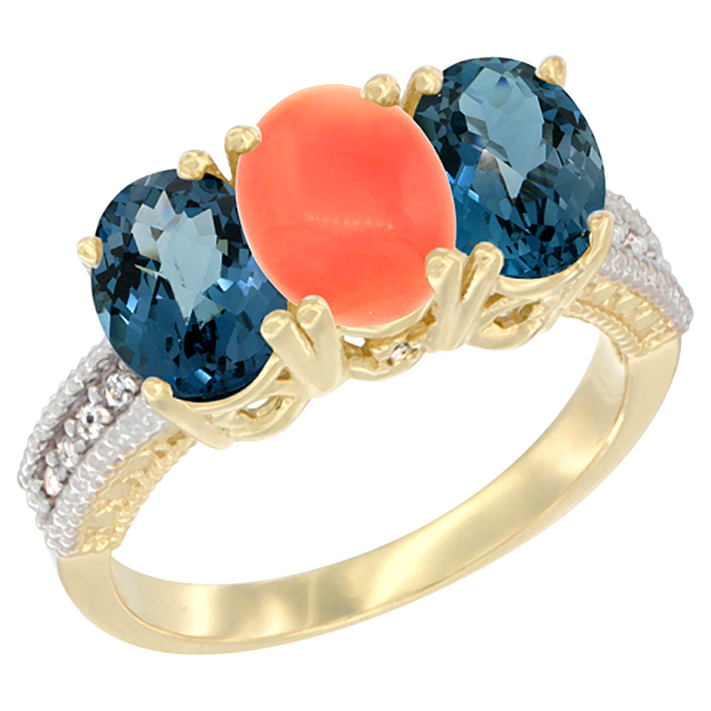 14K Yellow Gold Natural Coral &amp; London Blue Topaz Sides Ring 3-Stone 7x5 mm Oval Diamond Accent, sizes 5 - 10