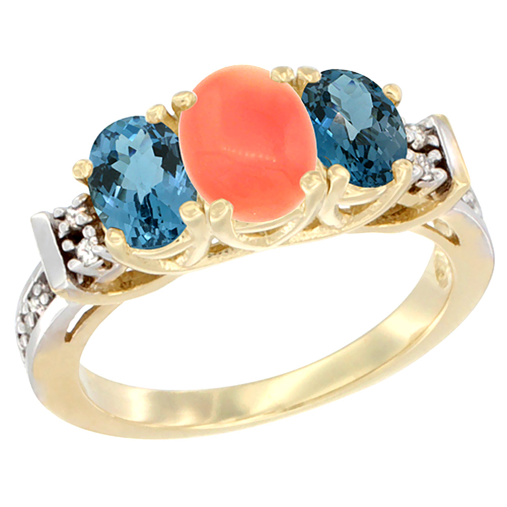 14K Yellow Gold Natural Coral & London Blue Ring 3-Stone Oval Diamond Accent