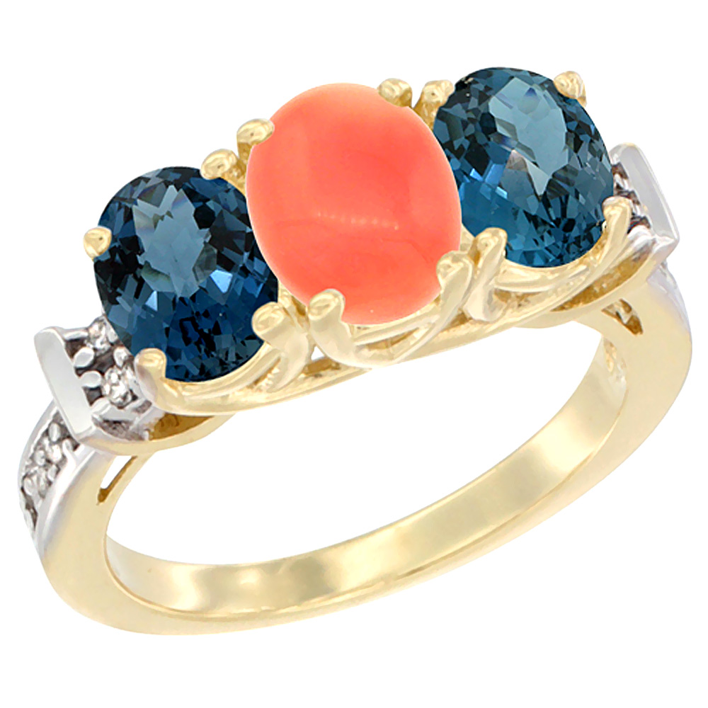 10K Yellow Gold Natural Coral & London Blue Topaz Sides Ring 3-Stone Oval Diamond Accent, sizes 5 - 10