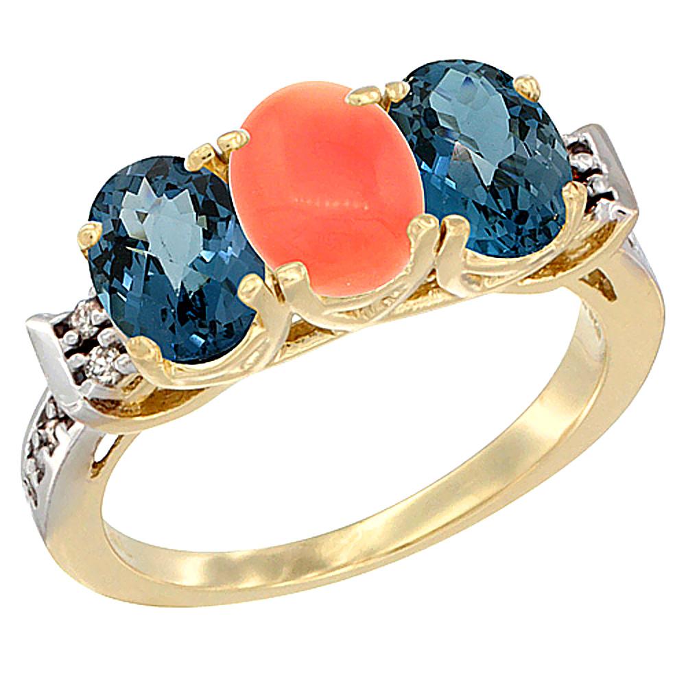 10K Yellow Gold Natural Coral & London Blue Topaz Sides Ring 3-Stone Oval 7x5 mm Diamond Accent, sizes 5 - 10