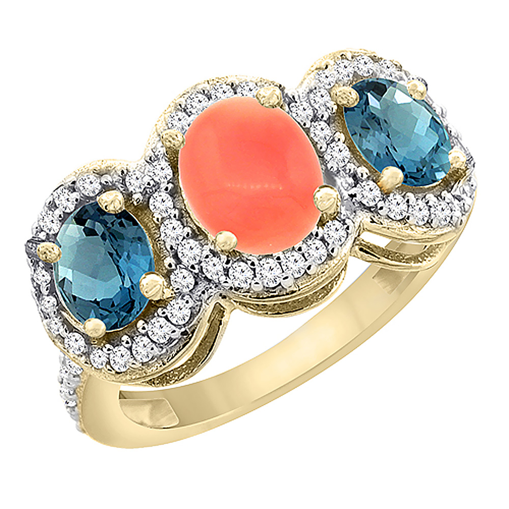 10K Yellow Gold Natural Coral & London Blue Topaz 3-Stone Ring Oval Diamond Accent, sizes 5 - 10