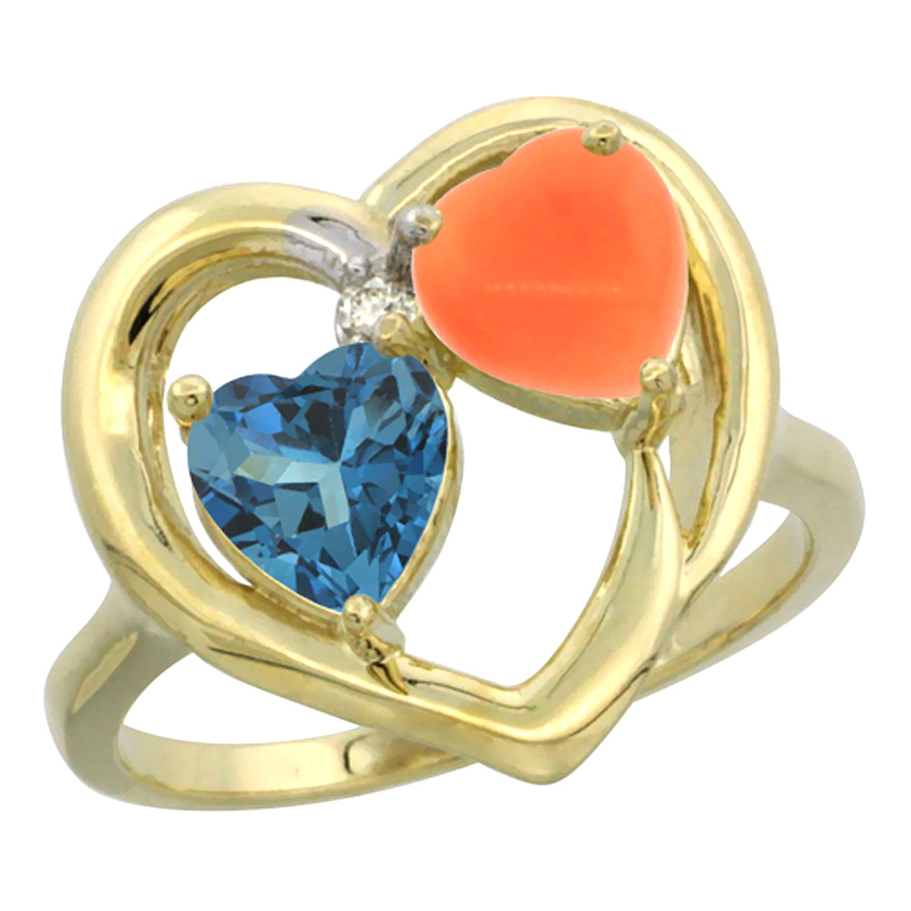 14K Yellow Gold Diamond Two-stone Heart Ring 6mm Natural London Blue Topaz &amp; Coral, sizes 5-10