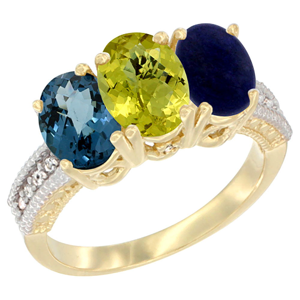 14K Yellow Gold Natural London Blue Topaz, Coral &amp; Lapis Ring 3-Stone 7x5 mm Oval Diamond Accent, sizes 5 - 10