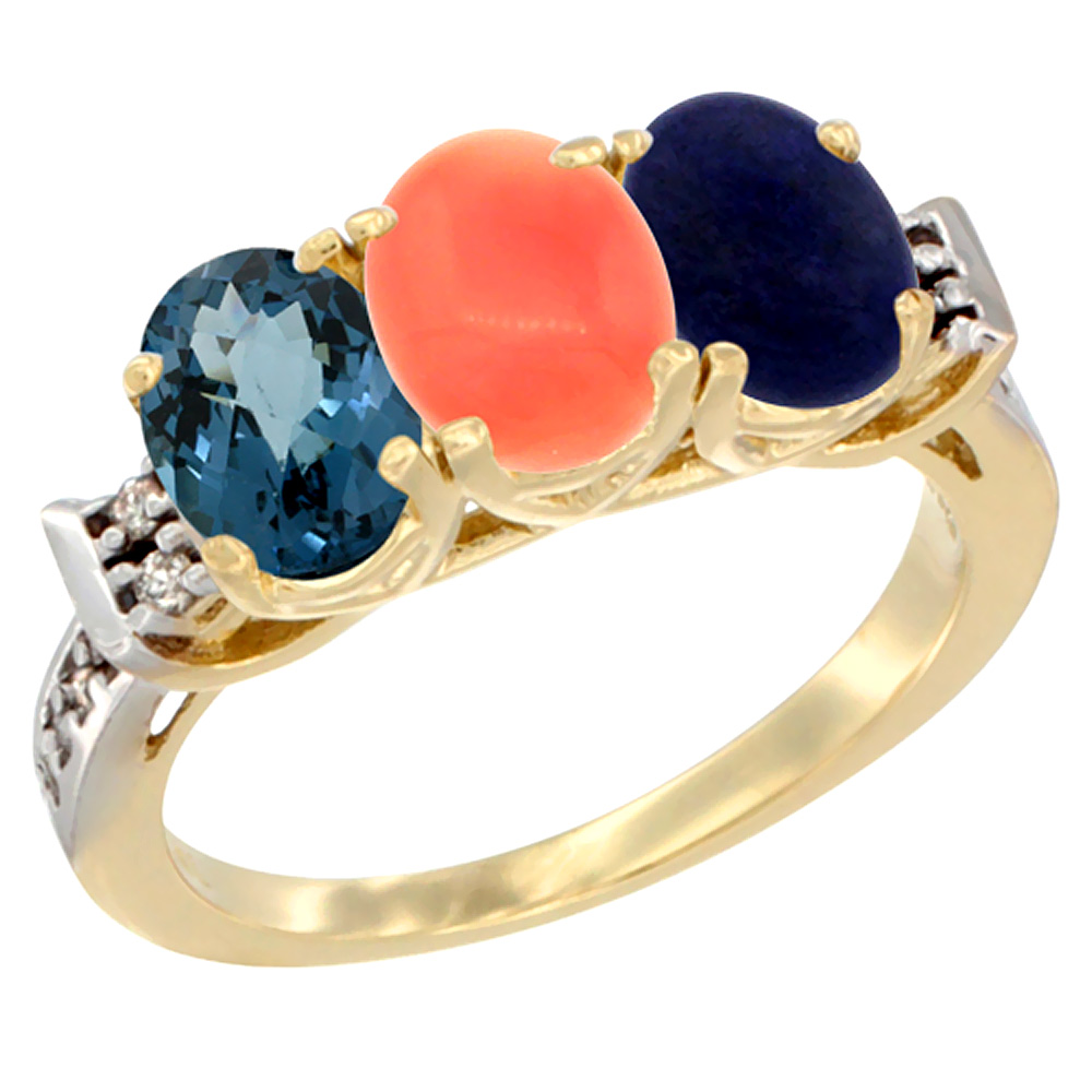 10K Yellow Gold Natural London Blue Topaz, Coral & Lapis Ring 3-Stone Oval 7x5 mm Diamond Accent, sizes 5 - 10