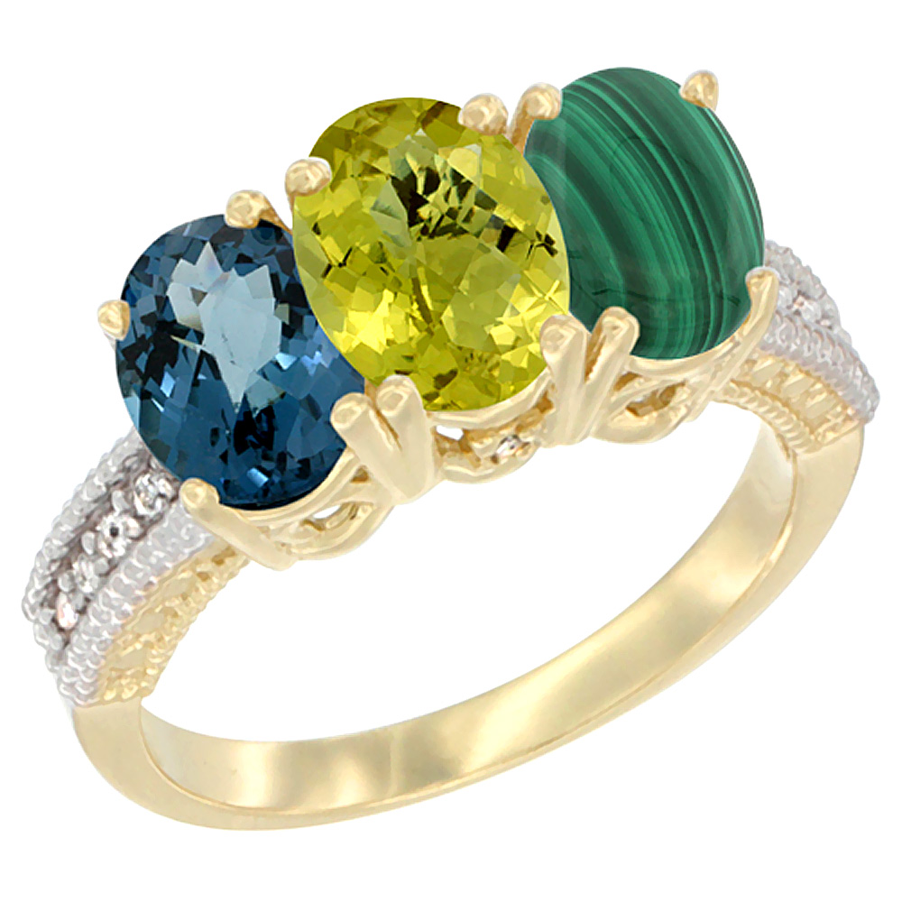 14K Yellow Gold Natural London Blue Topaz, Coral &amp; Malachite Ring 3-Stone 7x5 mm Oval Diamond Accent, sizes 5 - 10