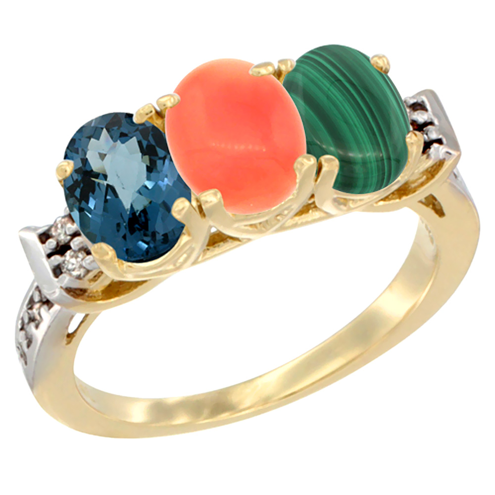 14K Yellow Gold Natural London Blue Topaz, Coral & Malachite Ring 3-Stone 7x5 mm Oval Diamond Accent, sizes 5 - 10