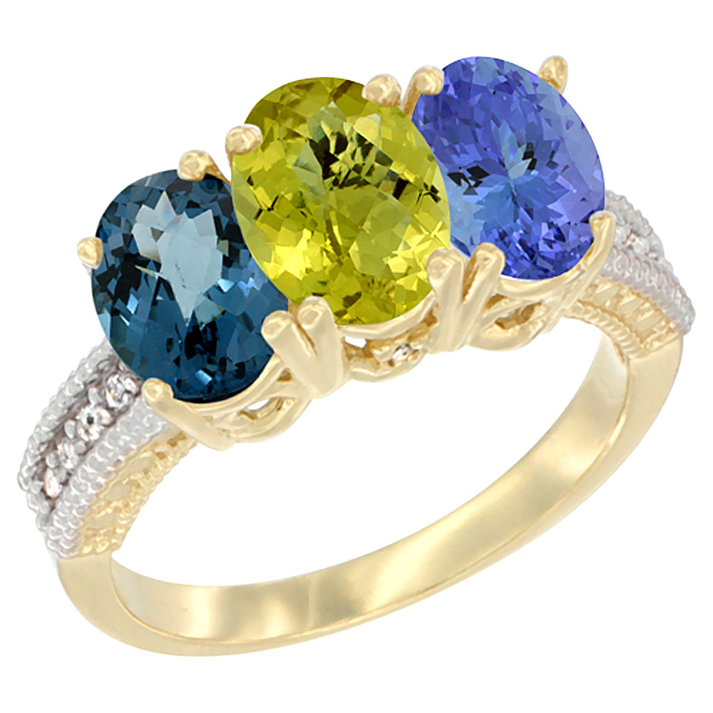 14K Yellow Gold Natural London Blue Topaz, Coral & Tanzanite Ring 3-Stone 7x5 mm Oval Diamond Accent, sizes 5 - 10