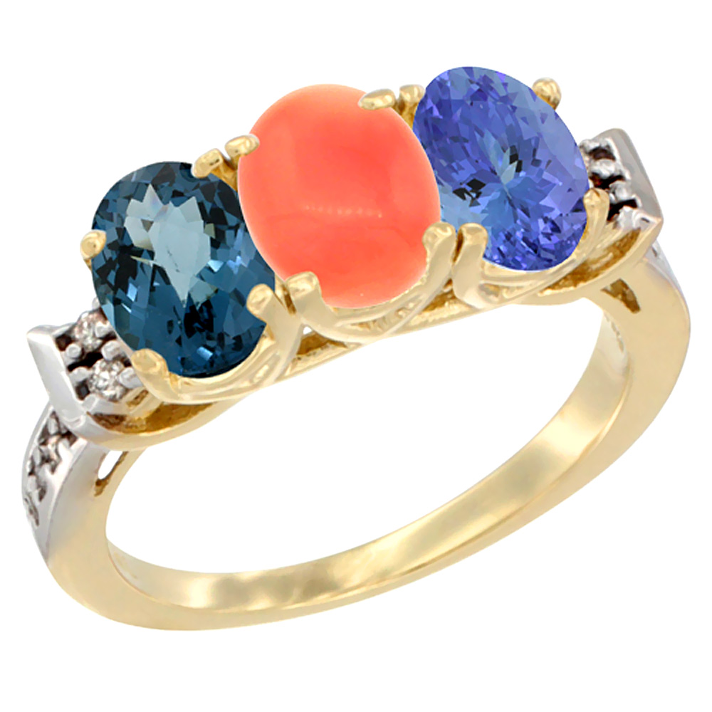 10K Yellow Gold Natural London Blue Topaz, Coral & Tanzanite Ring 3-Stone Oval 7x5 mm Diamond Accent, sizes 5 - 10