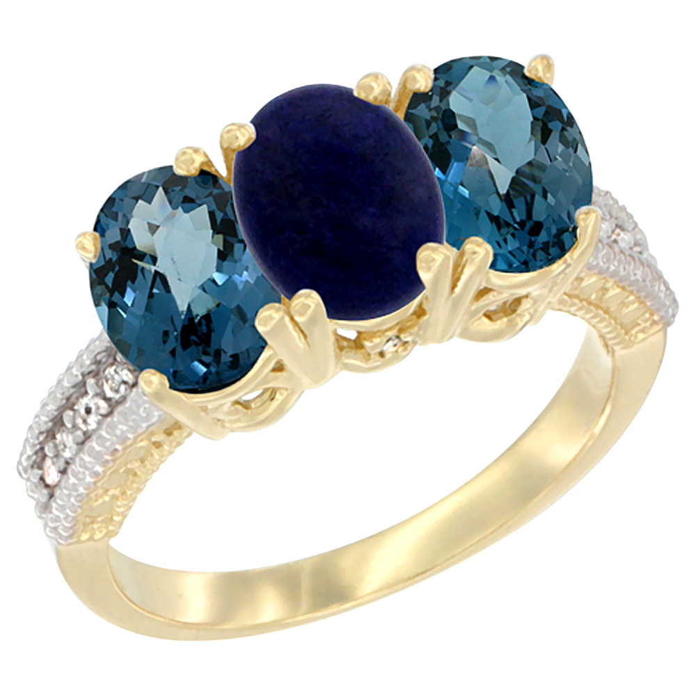 14K Yellow Gold Natural Lapis & London Blue Topaz Sides Ring 3-Stone 7x5 mm Oval Diamond Accent, sizes 5 - 10