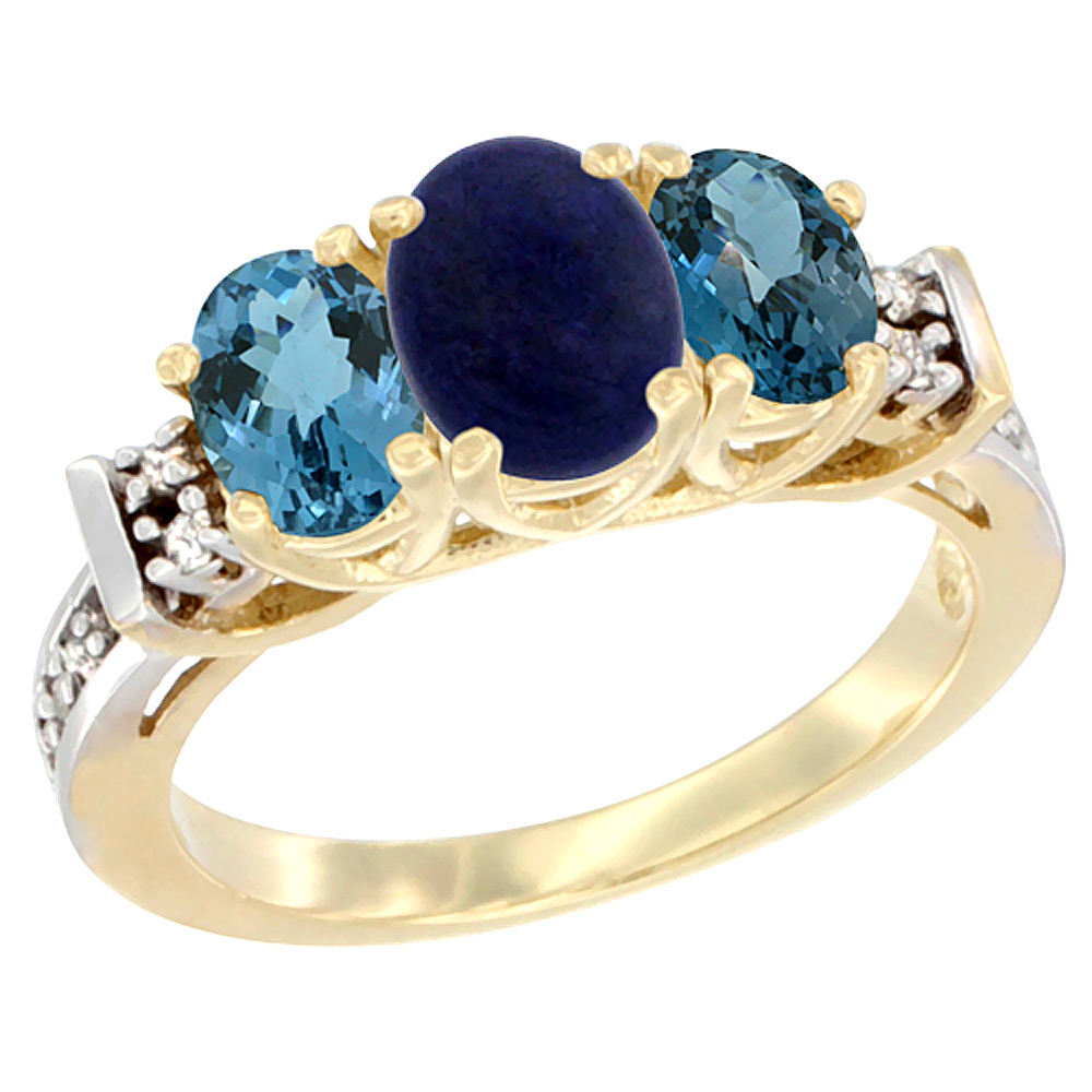 14K Yellow Gold Natural Lapis & London Blue Ring 3-Stone Oval Diamond Accent