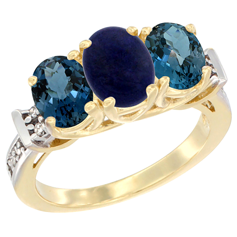 10K Yellow Gold Natural Lapis & London Blue Topaz Sides Ring 3-Stone Oval Diamond Accent, sizes 5 - 10