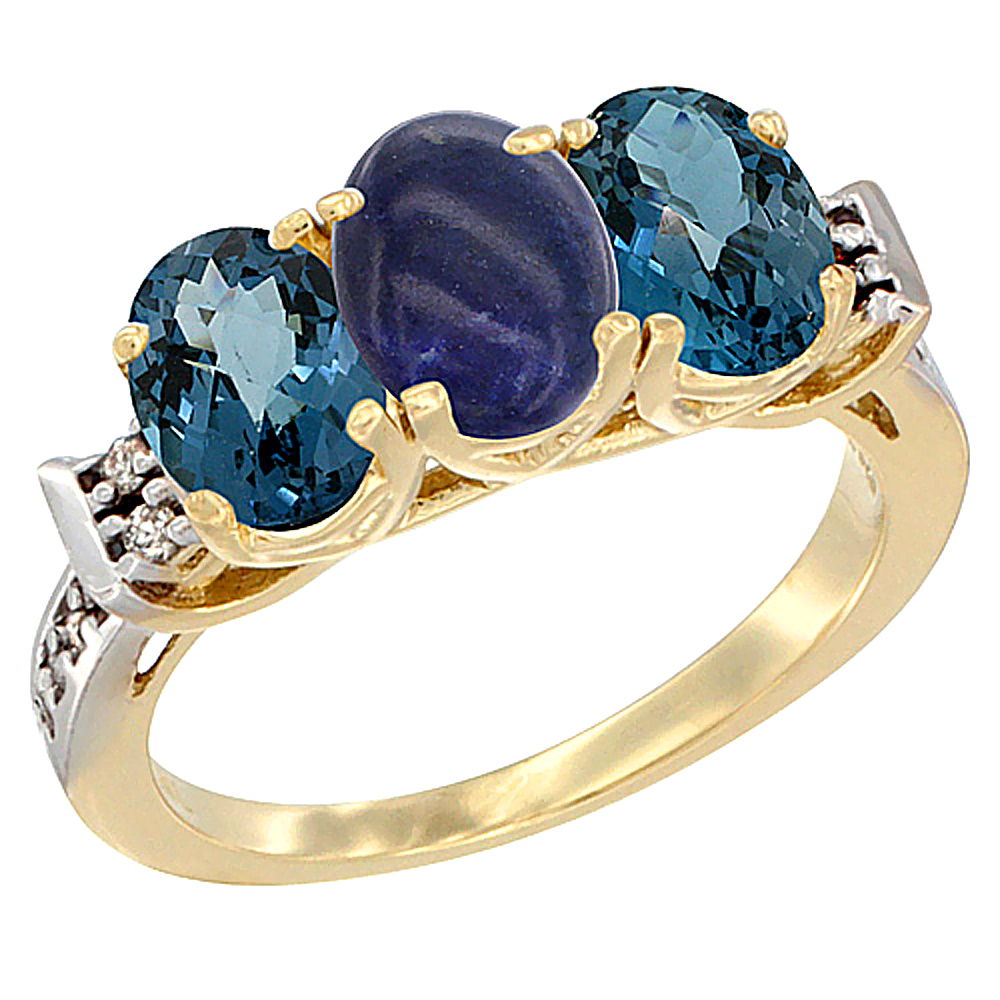 10K Yellow Gold Natural Lapis & London Blue Topaz Sides Ring 3-Stone Oval 7x5 mm Diamond Accent, sizes 5 - 10