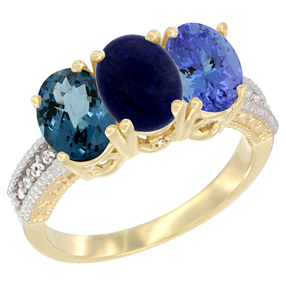 14K Yellow Gold Natural London Blue Topaz, Lapis & Tanzanite Ring 3-Stone 7x5 mm Oval Diamond Accent, sizes 5 - 10