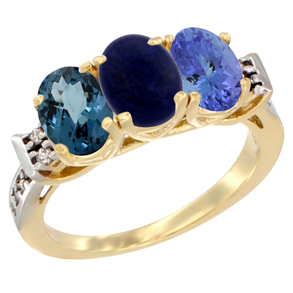10K Yellow Gold Natural London Blue Topaz, Lapis & Tanzanite Ring 3-Stone Oval 7x5 mm Diamond Accent, sizes 5 - 10