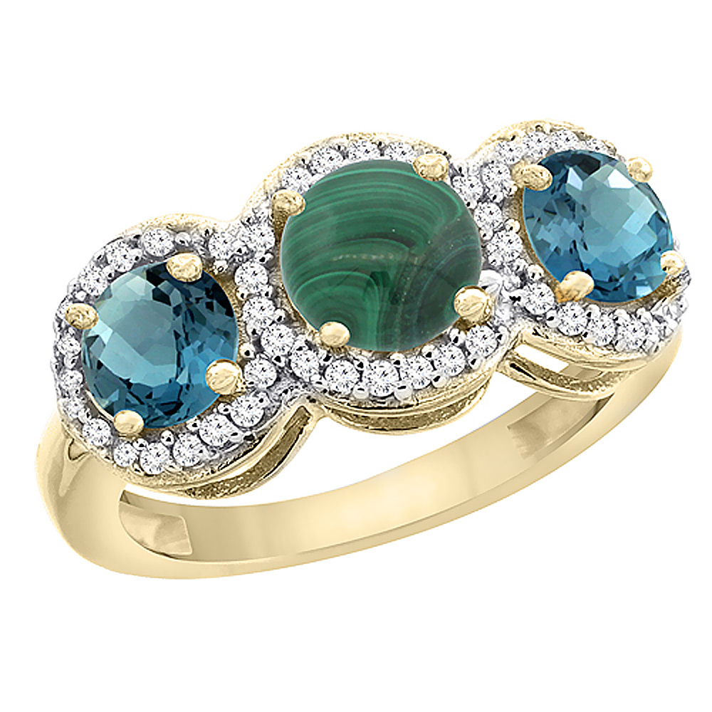 14K Yellow Gold Natural Malachite &amp; London Blue Topaz Sides Round 3-stone Ring Diamond Accents, sizes 5 - 10