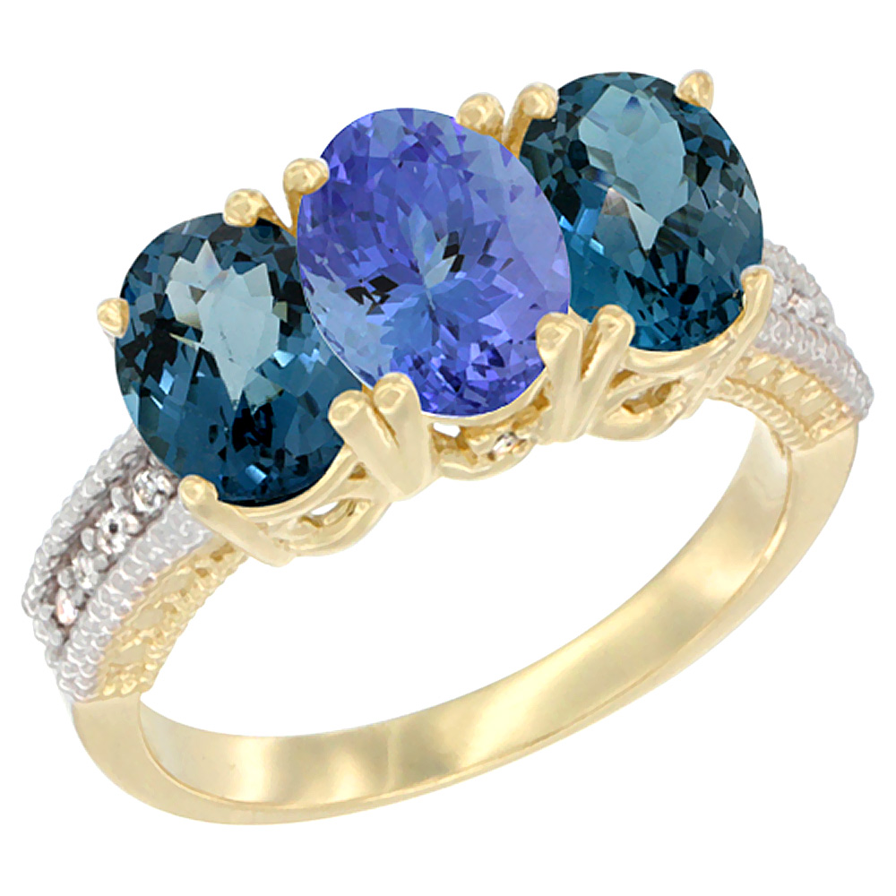 14K Yellow Gold Natural Tanzanite &amp; London Blue Topaz Sides Ring 3-Stone 7x5 mm Oval Diamond Accent, sizes 5 - 10