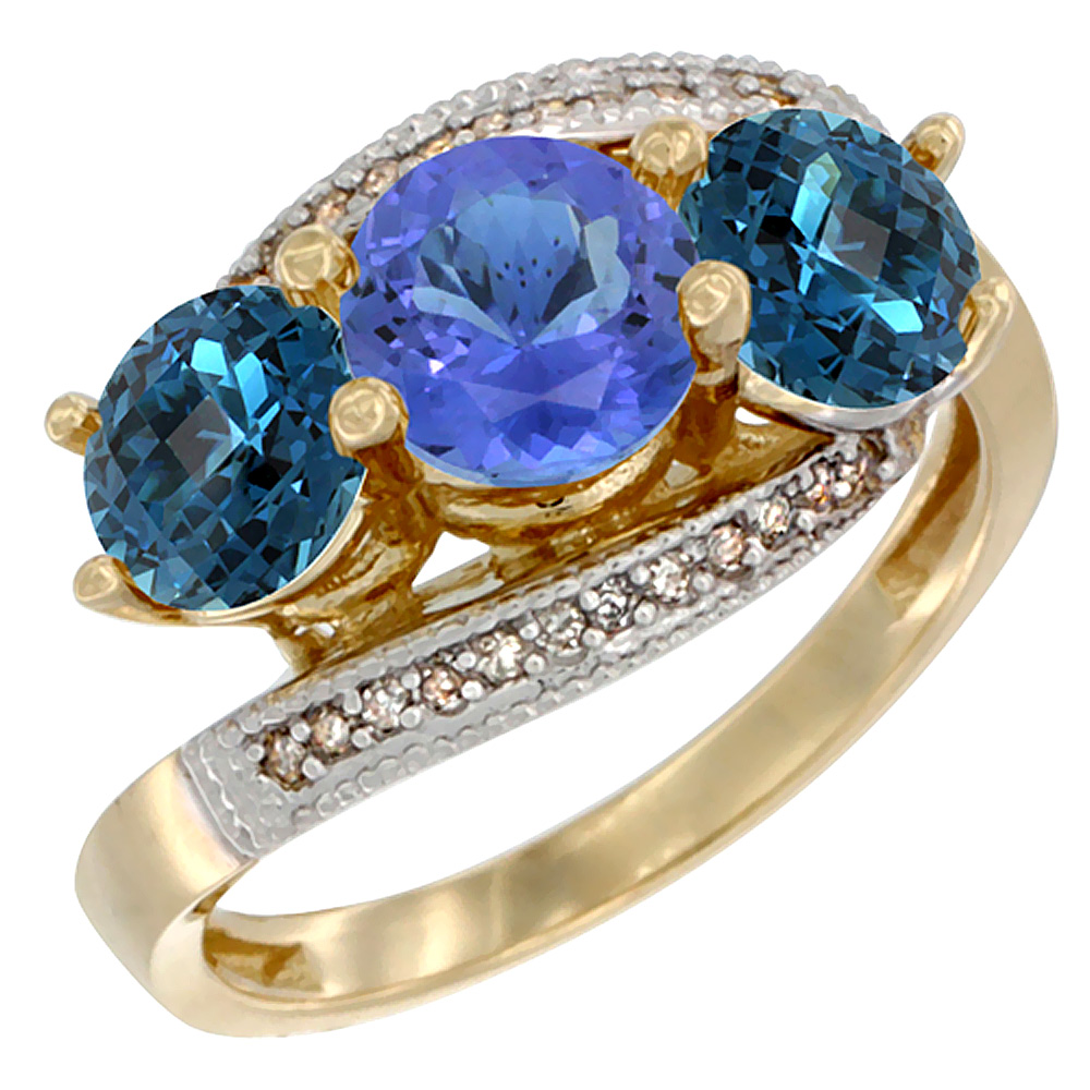 14K Yellow Gold Natural Tanzanite & London Blue Topaz Sides 3 stone Ring Round 6mm Diamond Accent, sizes 5 - 10