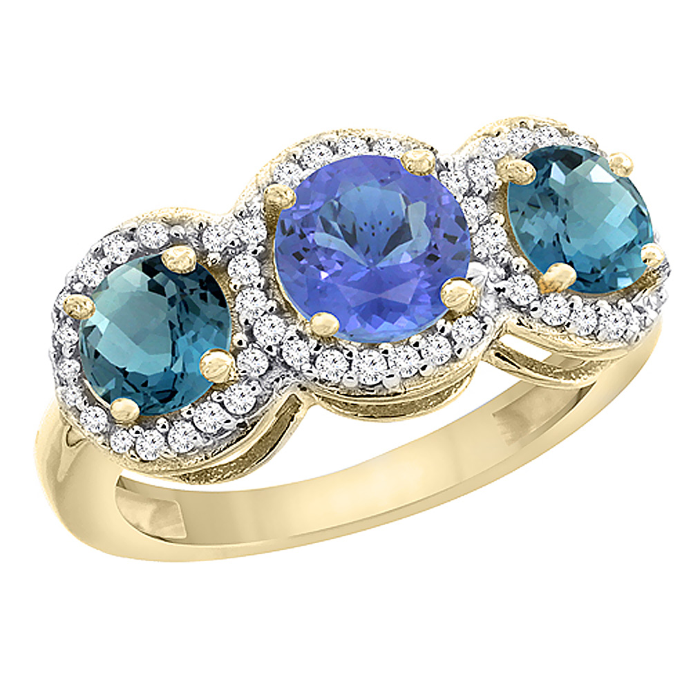 10K Yellow Gold Natural Tanzanite &amp; London Blue Topaz Sides Round 3-stone Ring Diamond Accents, sizes 5 - 10