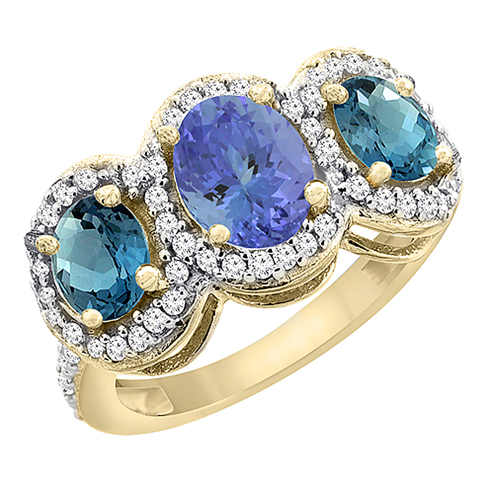 10K Yellow Gold Natural Tanzanite & London Blue Topaz 3-Stone Ring Oval Diamond Accent, sizes 5 - 10