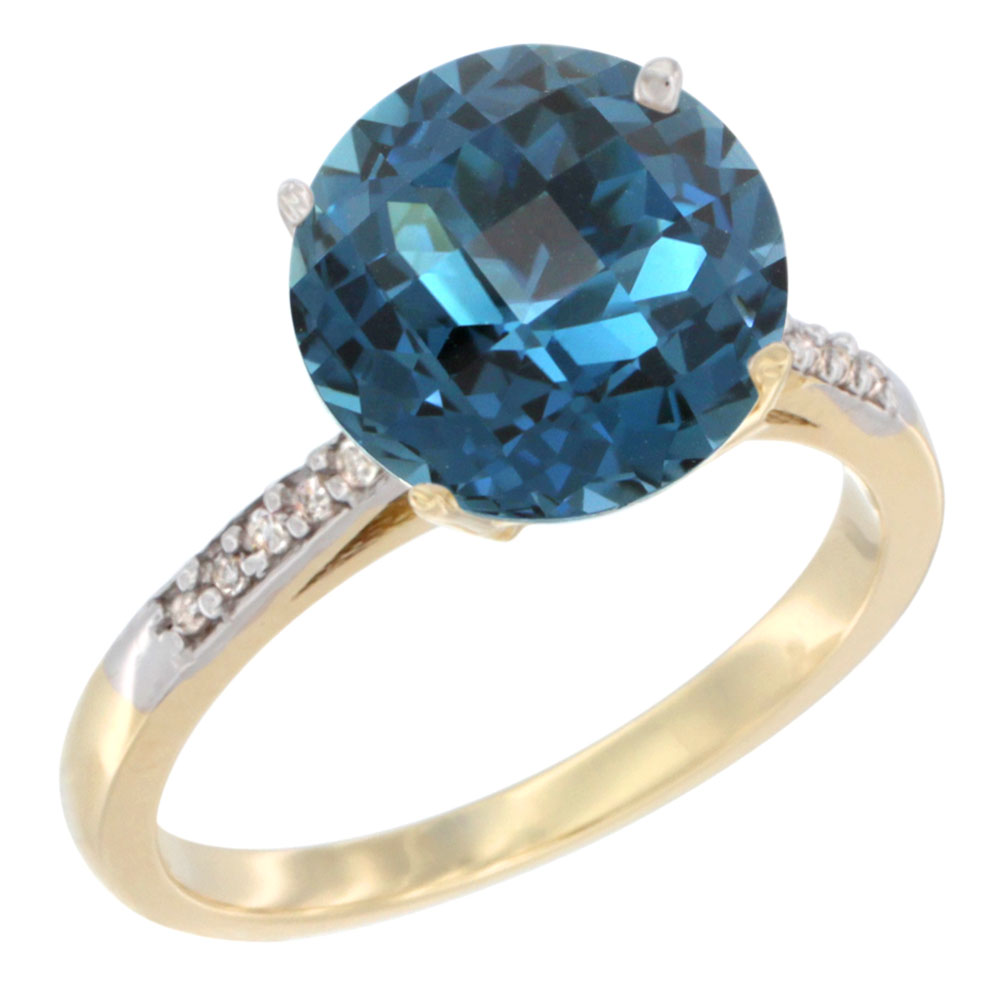 10K Yellow Gold Natural London Blue Topaz Ring Round 10mm Diamond accent, sizes 5 - 10