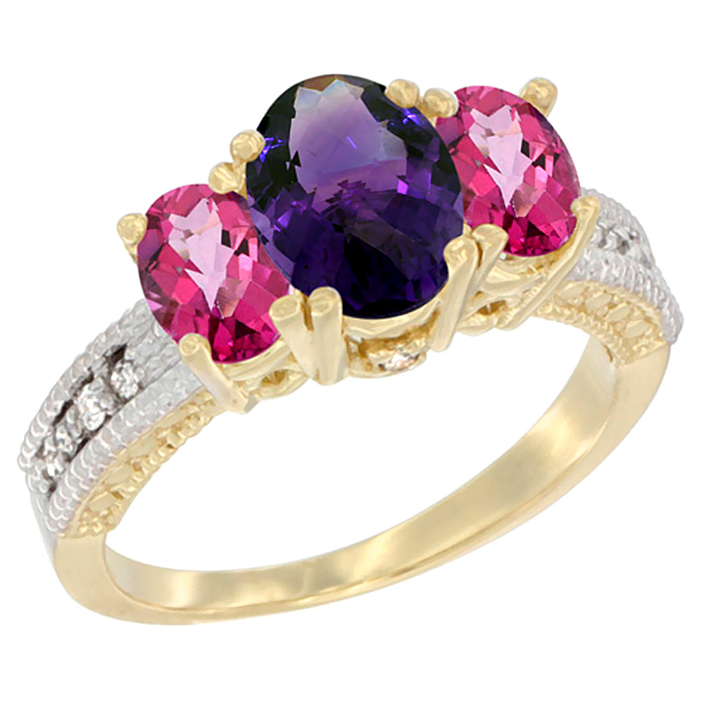 14K Yellow Gold Diamond Natural Amethyst Ring Oval 3-stone with Pink Topaz, sizes 5 - 10