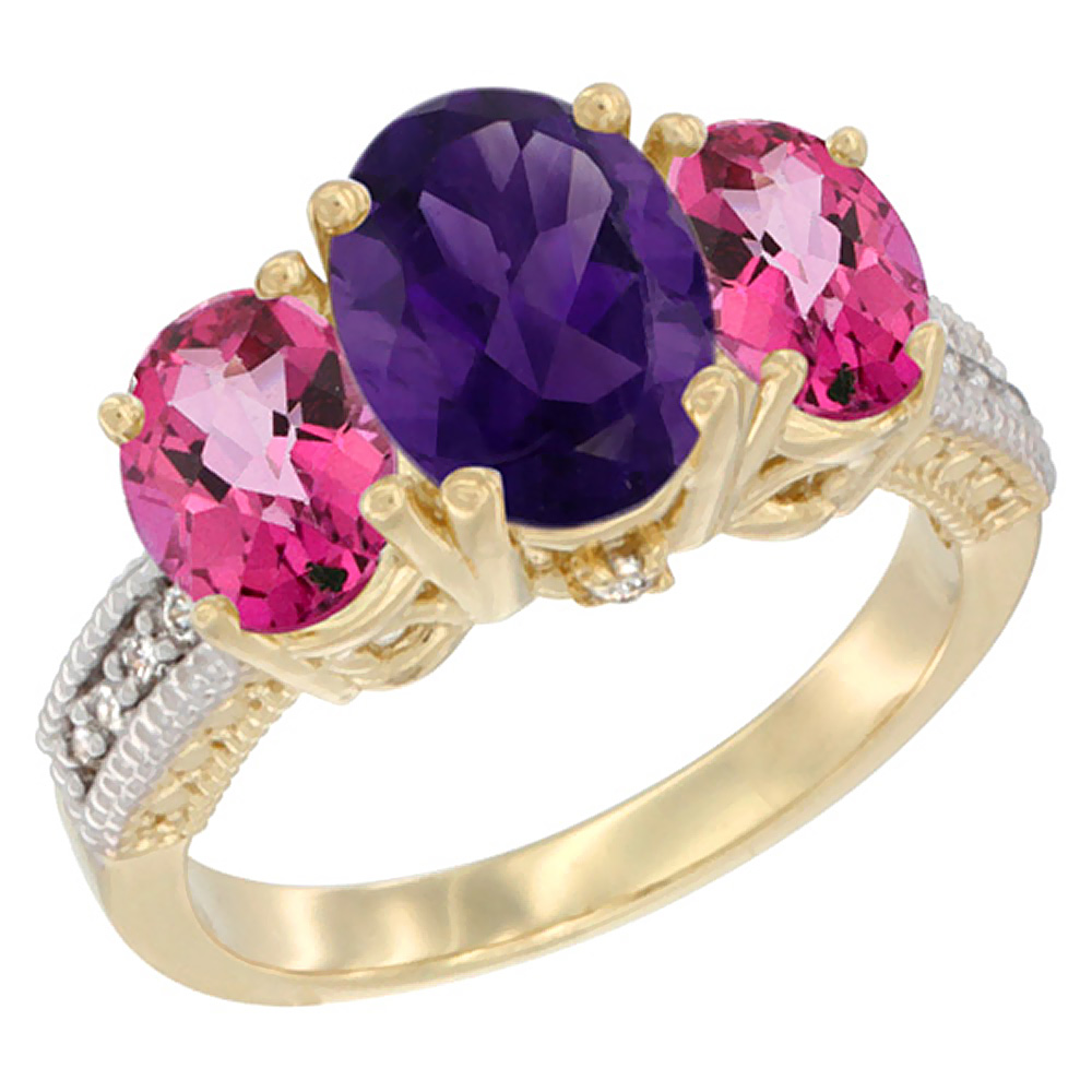 10K Yellow Gold Diamond Natural Amethyst Ring 3-Stone Oval 8x6mm with Pink Topaz, sizes5-10