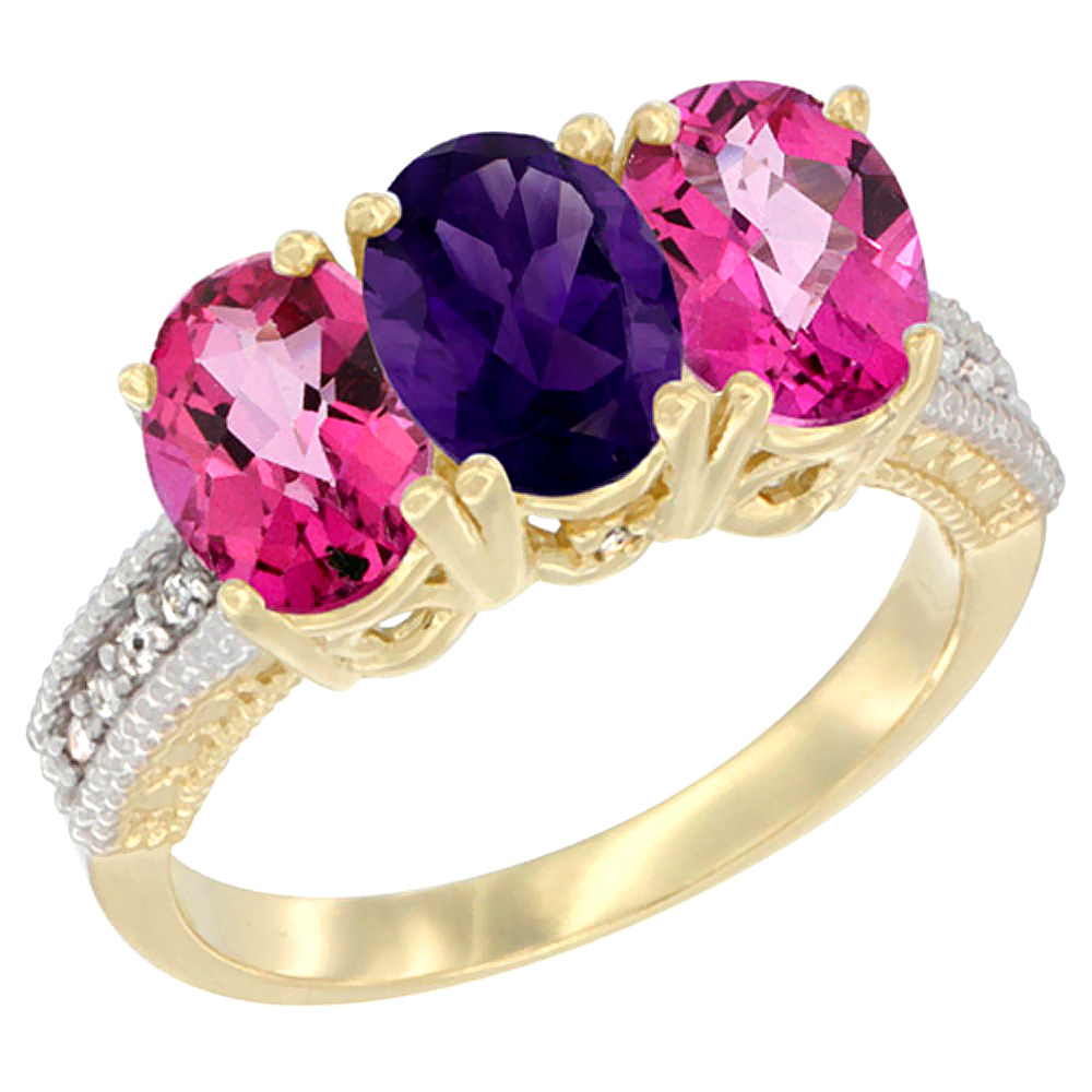 10K Yellow Gold Diamond Natural Amethyst &amp; Pink Topaz Ring 3-Stone Oval 7x5 mm, sizes 5 - 10