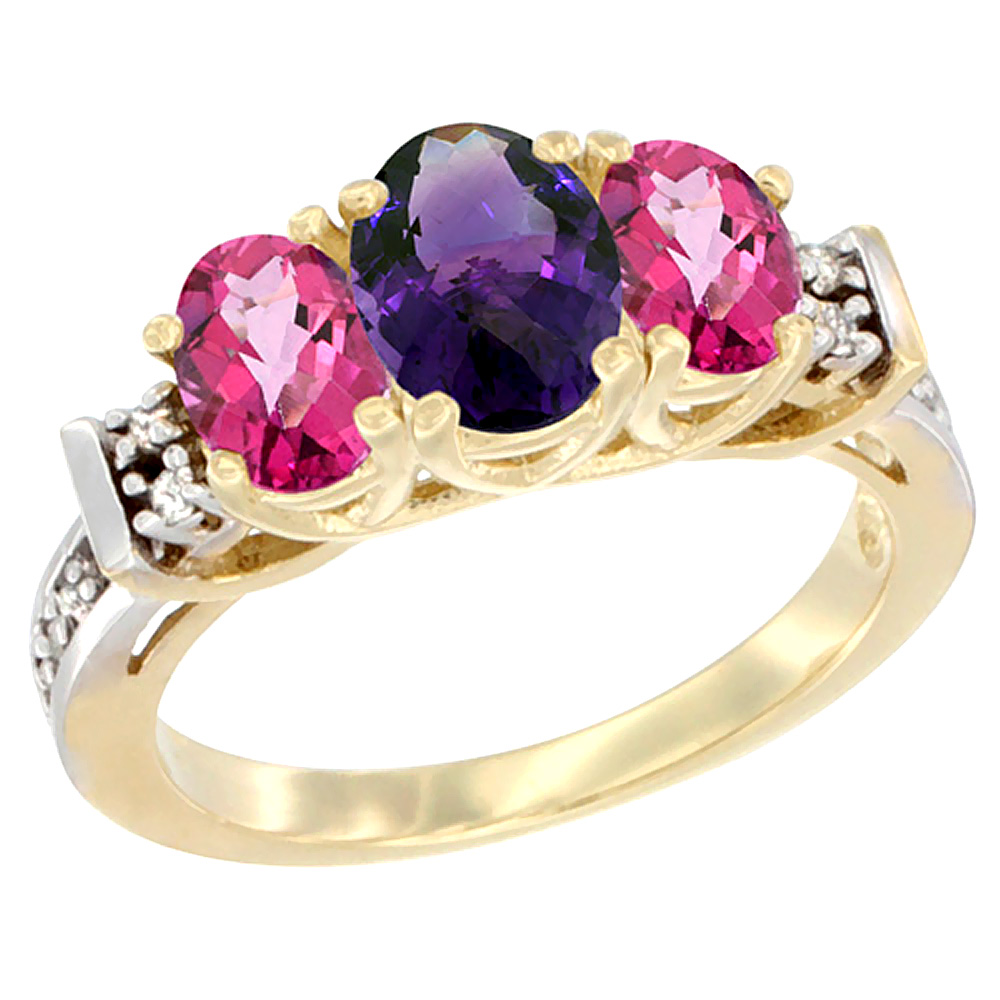 14K Yellow Gold Natural Amethyst & Pink Topaz Ring 3-Stone Oval Diamond Accent