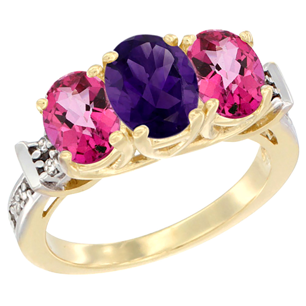 10K Yellow Gold Natural Amethyst & Pink Topaz Sides Ring 3-Stone Oval Diamond Accent, sizes 5 - 10