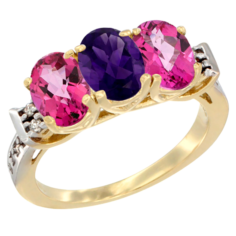 10K Yellow Gold Natural Amethyst & Pink Topaz Sides Ring 3-Stone Oval 7x5 mm Diamond Accent, sizes 5 - 10