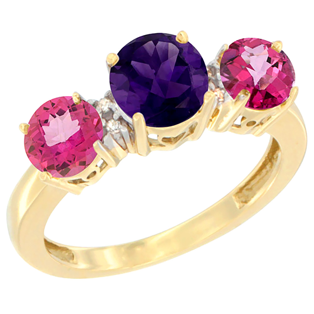 10K Yellow Gold Round 3-Stone Natural Amethyst Ring &amp; Pink Topaz Sides Diamond Accent, sizes 5 - 10