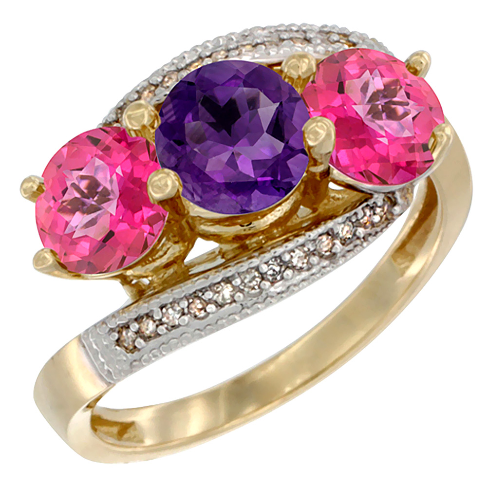 14K Yellow Gold Natural Amethyst & Pink Topaz Sides 3 stone Ring Round 6mm Diamond Accent, sizes 5 - 10
