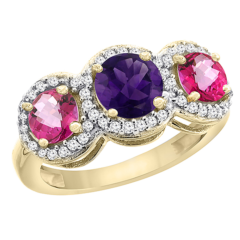 10K Yellow Gold Natural Amethyst & Pink Topaz Sides Round 3-stone Ring Diamond Accents, sizes 5 - 10