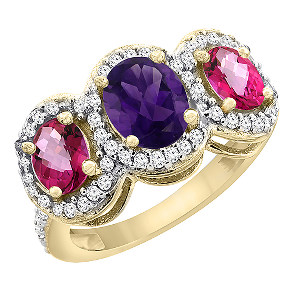 14K Yellow Gold Natural Amethyst &amp; Pink Topaz 3-Stone Ring Oval Diamond Accent, sizes 5 - 10