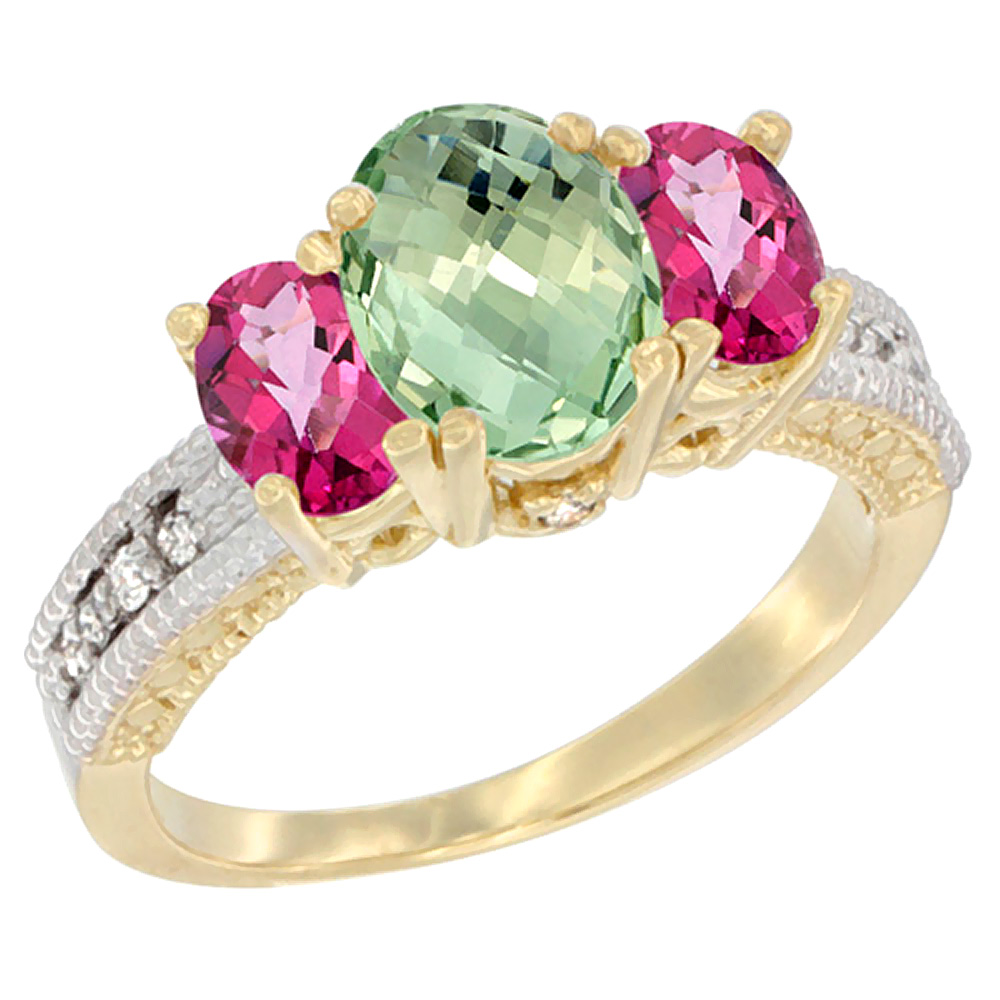 14K Yellow Gold Diamond Natural Green Amethyst Ring Oval 3-stone with Pink Topaz, sizes 5 - 10