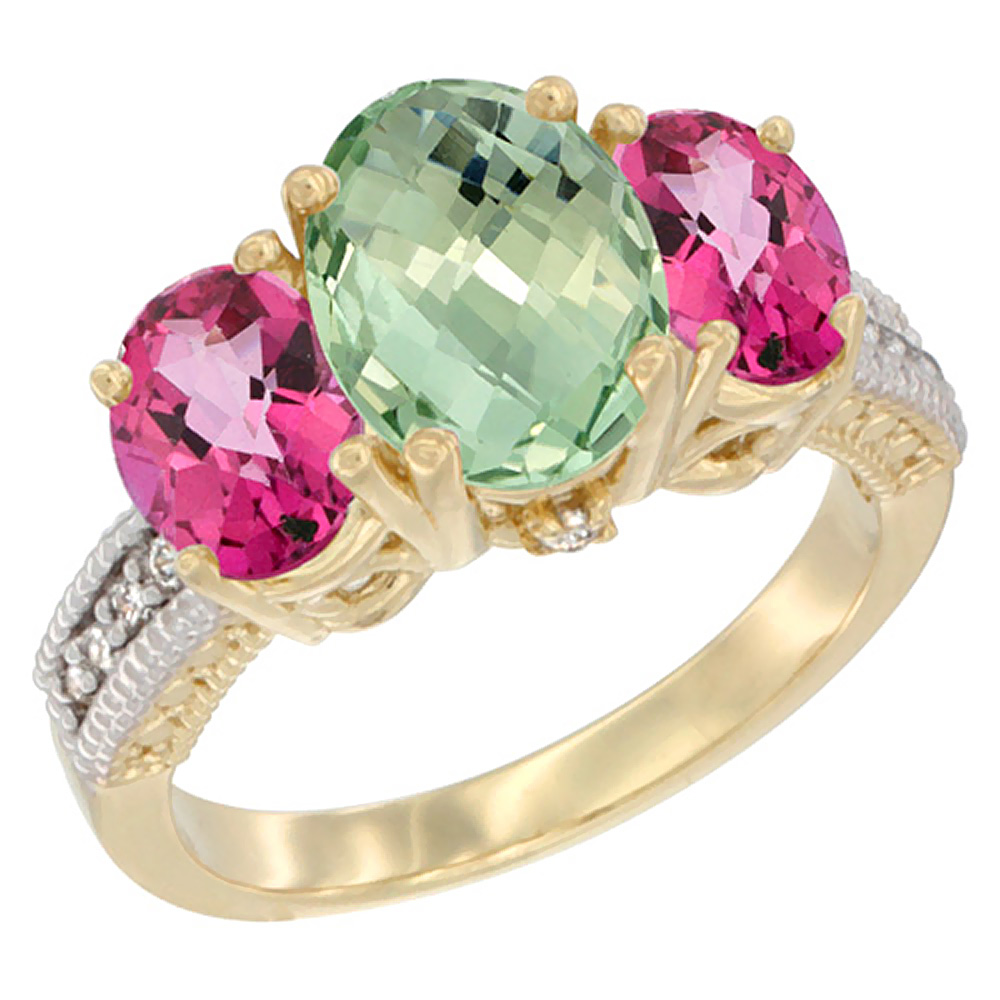 10K Yellow Gold Diamond Natural Green Amethyst Ring 3-Stone Oval 8x6mm with Pink Topaz, sizes5-10