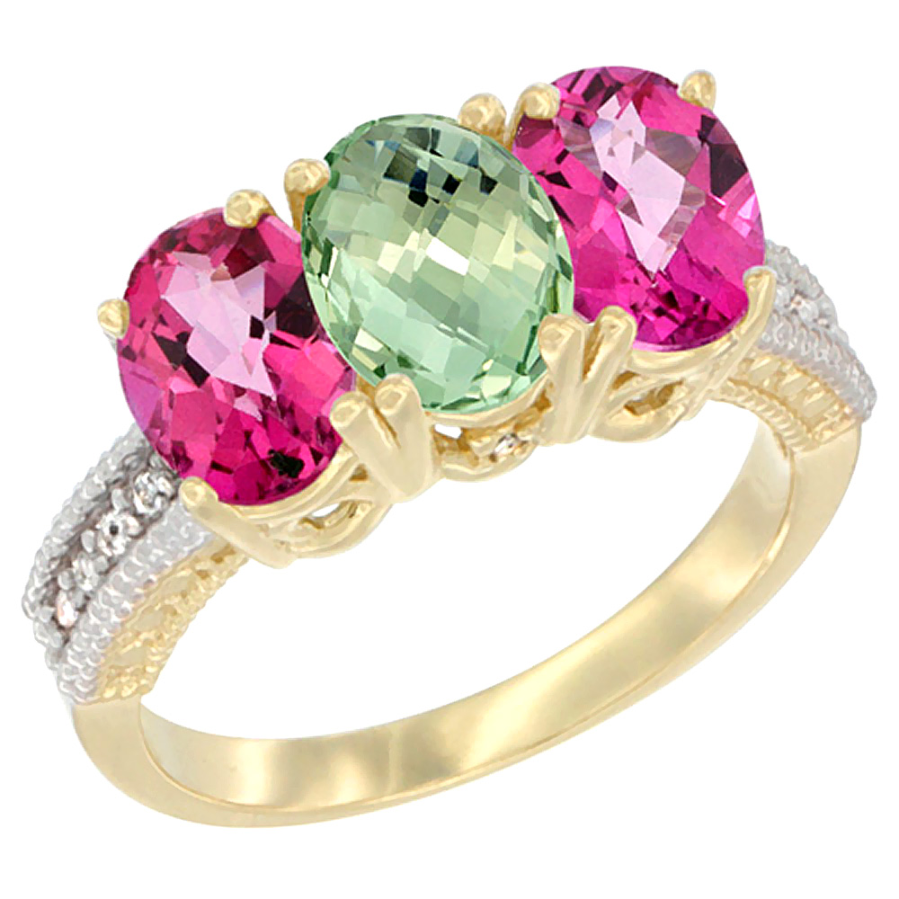 14K Yellow Gold Natural Green Amethyst & Pink Topaz Sides Ring 3-Stone 7x5 mm Oval Diamond Accent, sizes 5 - 10