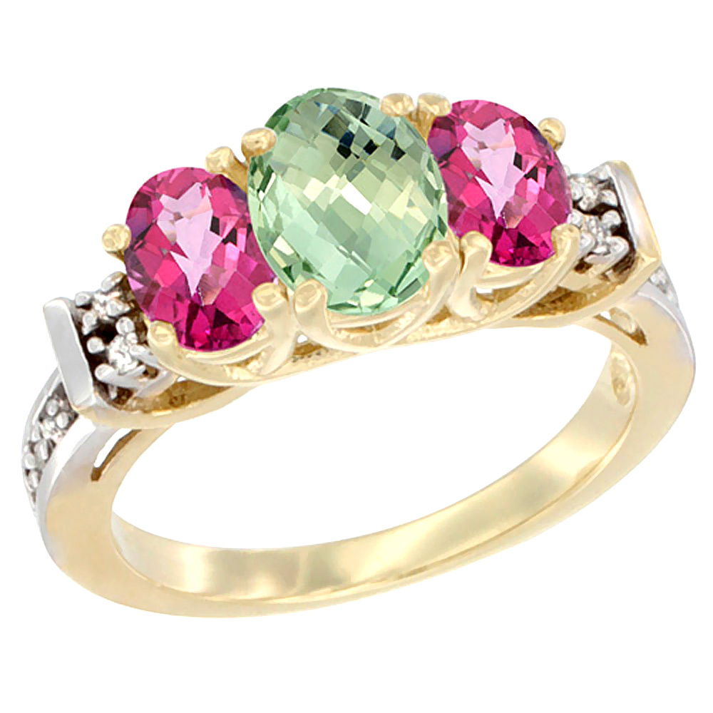 14K Yellow Gold Natural Green Amethyst & Pink Topaz Ring 3-Stone Oval Diamond Accent