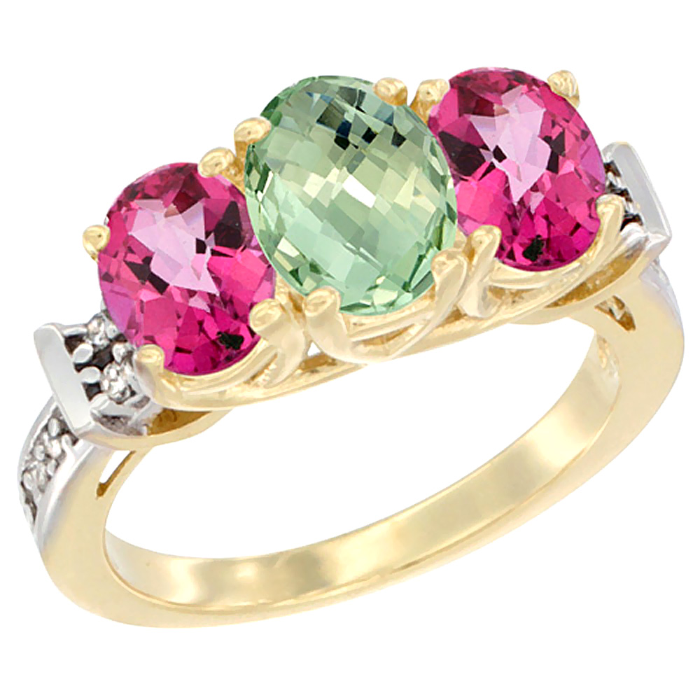 10K Yellow Gold Natural Green Amethyst & Pink Topaz Sides Ring 3-Stone Oval Diamond Accent, sizes 5 - 10