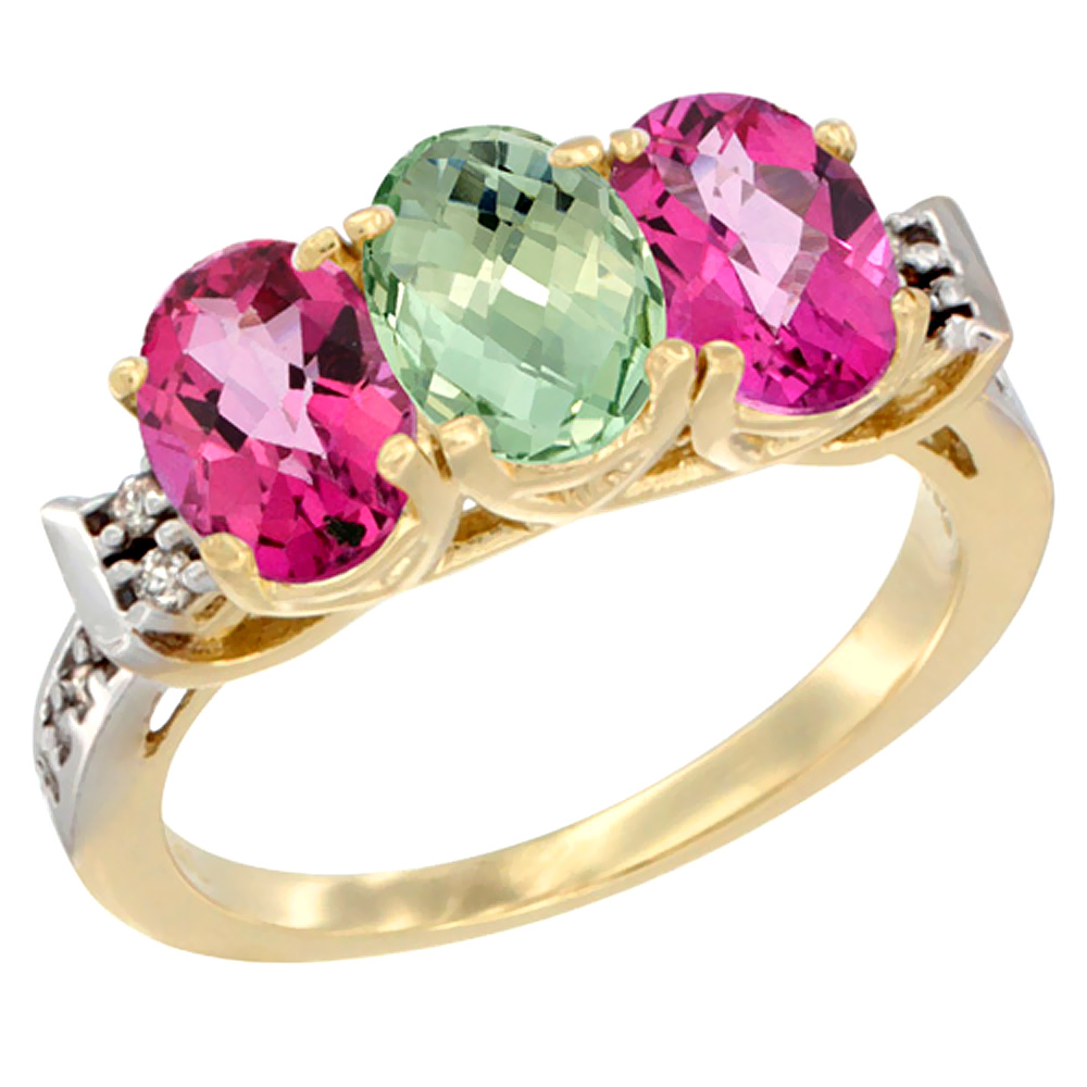 10K Yellow Gold Natural Green Amethyst & Pink Topaz Sides Ring 3-Stone Oval 7x5 mm Diamond Accent, sizes 5 - 10