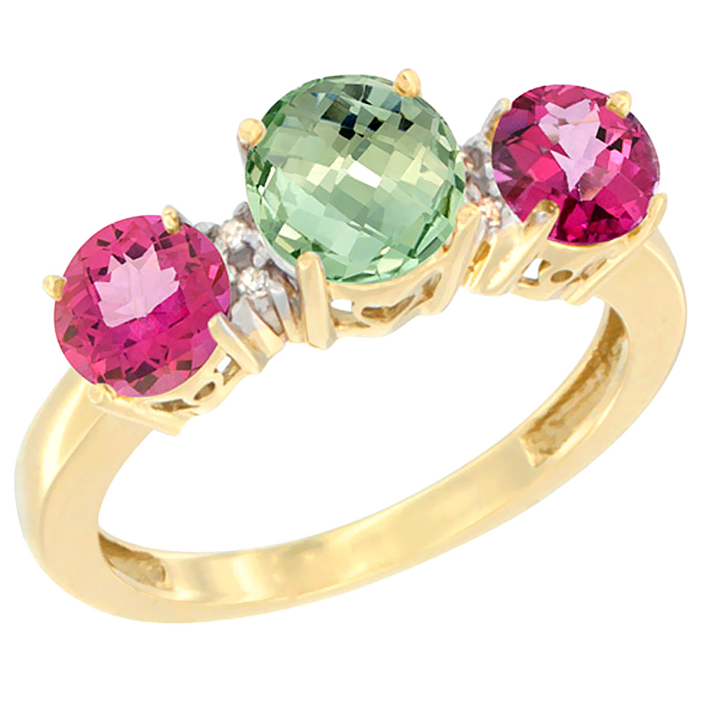 14K Yellow Gold Round 3-Stone Natural Green Amethyst Ring & Pink Topaz Sides Diamond Accent, sizes 5 - 10