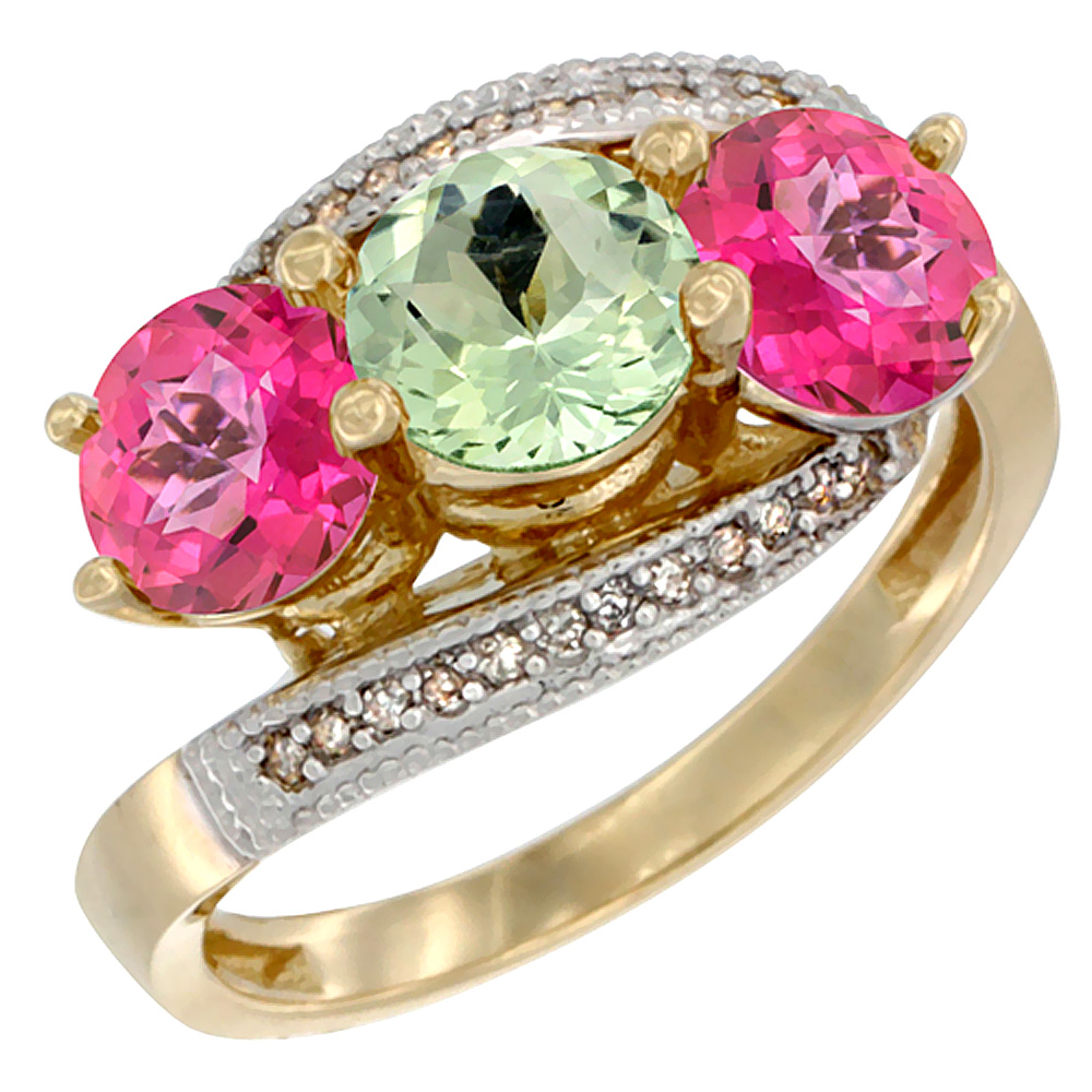 10K Yellow Gold Natural Green Amethyst & Pink Topaz Sides 3 stone Ring Round 6mm Diamond Accent, sizes 5 - 10