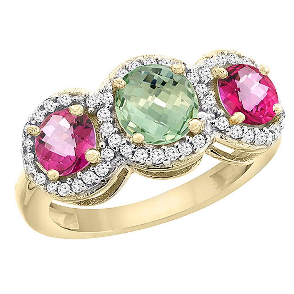 14K Yellow Gold Natural Green Amethyst &amp; Pink Topaz Sides Round 3-stone Ring Diamond Accents, sizes 5 - 10