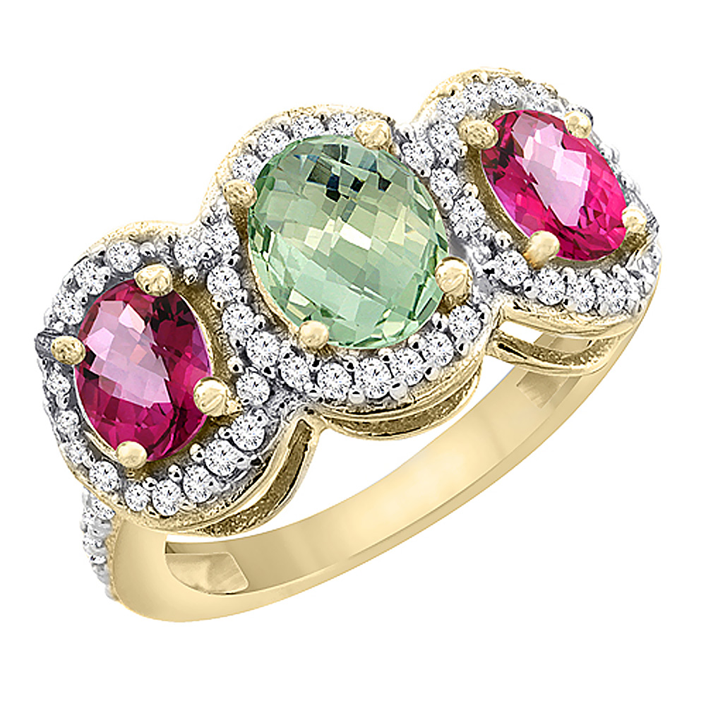 14K Yellow Gold Natural Green Amethyst &amp; Pink Topaz 3-Stone Ring Oval Diamond Accent, sizes 5 - 10