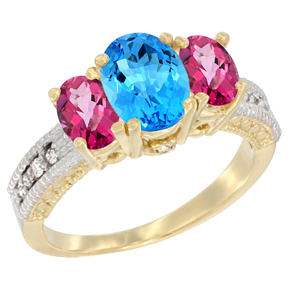 14K Yellow Gold Diamond Natural Swiss Blue Topaz Ring Oval 3-stone with Pink Topaz, sizes 5 - 10