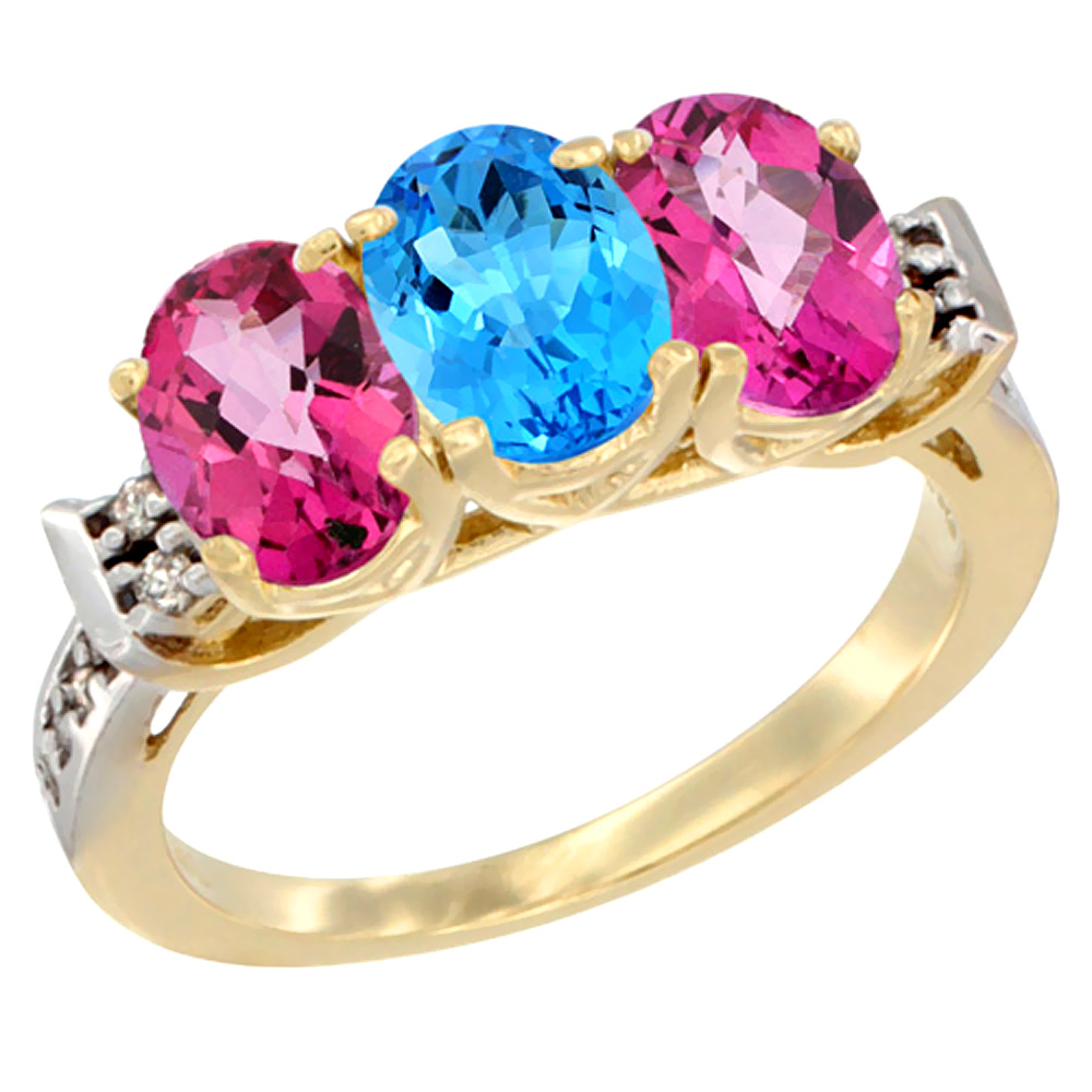 10K Yellow Gold Natural Swiss Blue Topaz & Pink Topaz Sides Ring 3-Stone Oval 7x5 mm Diamond Accent, sizes 5 - 10